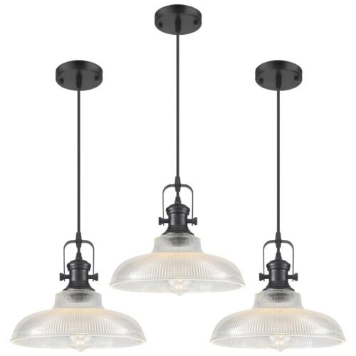 12" Black Ribbed Glass Farmhouse Pendant Light 3-Pack