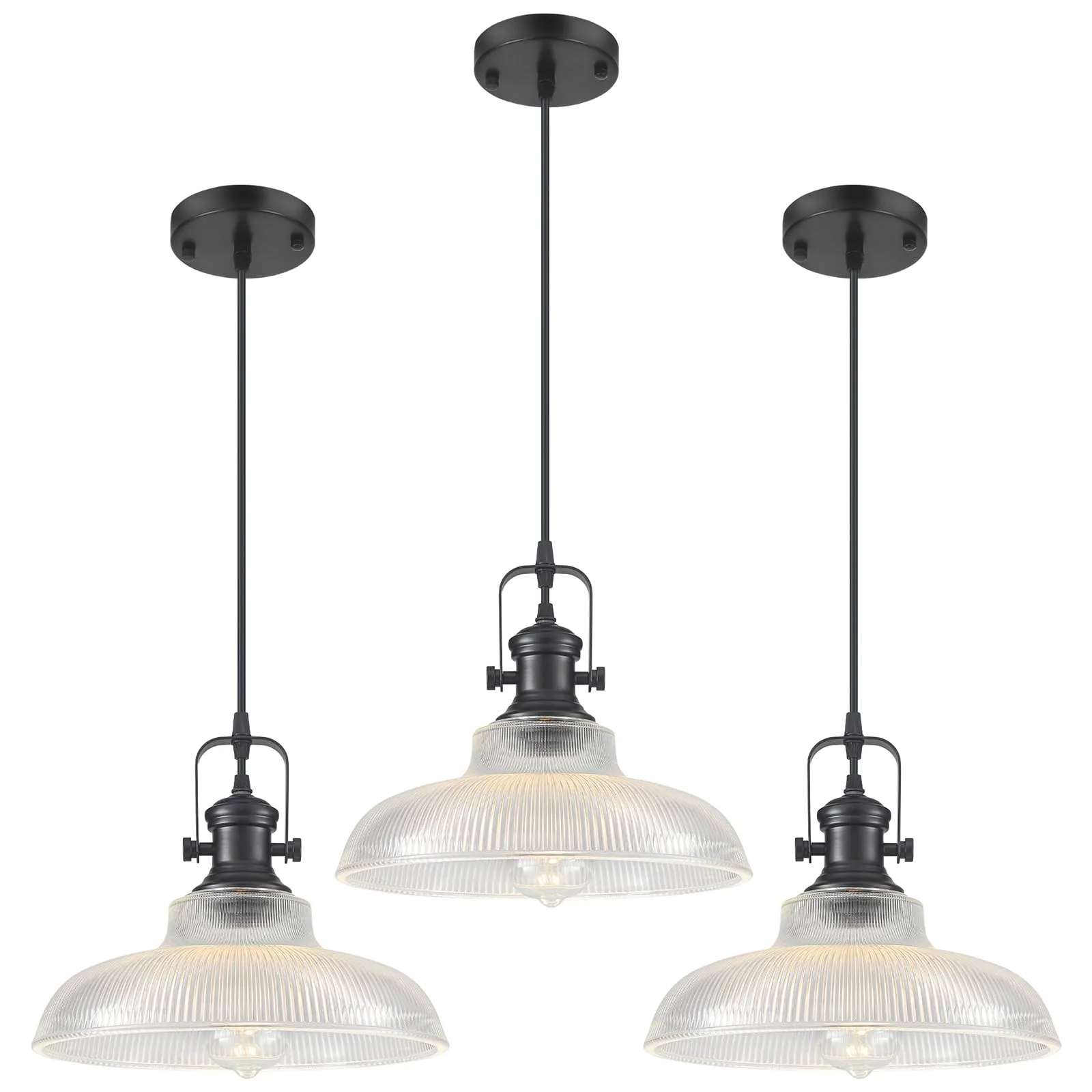 12" Black Ribbed Glass Farmhouse Pendant Light 3-Pack