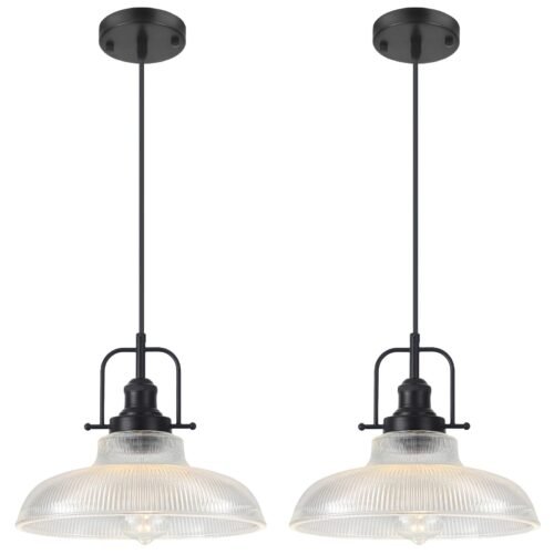 12" Black Ribbed Glass Farmhouse Pendant Light 2-Pack