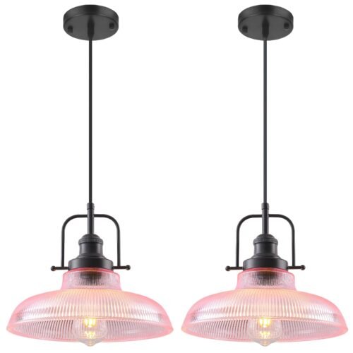 12" Pink Ribbed Glass Farmhouse Pendant Light 2-Pack