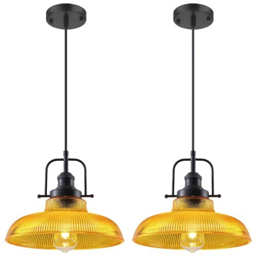 12" Orange Ribbed Glass Farmhouse Pendant Light 2-Pack