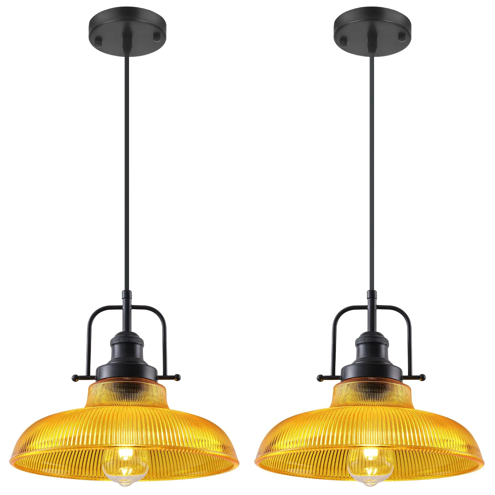 12" Orange Ribbed Glass Farmhouse Pendant Light 2-Pack