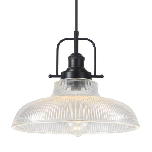 12" Black Ribbed Glass Farmhouse Pendant Light