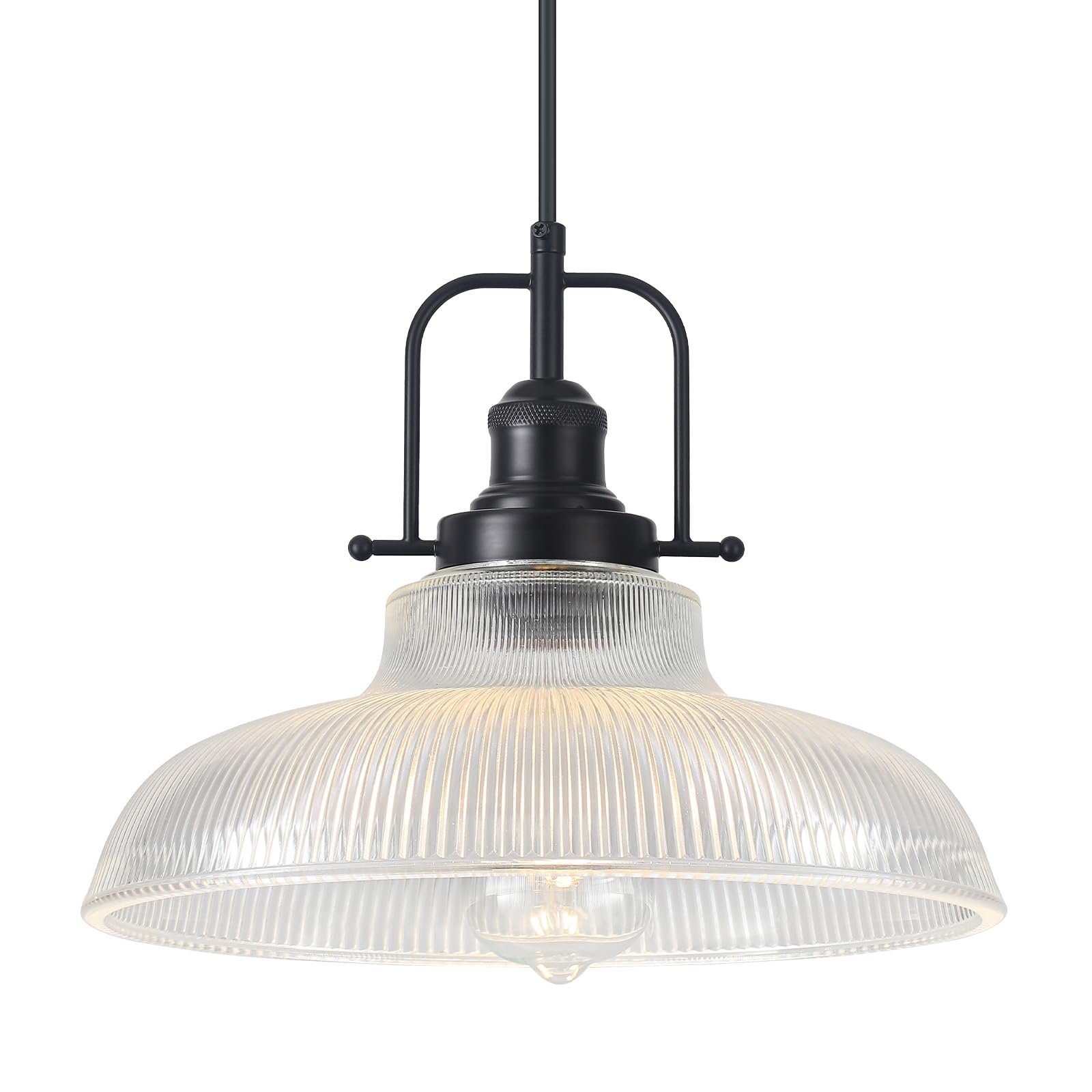12" Black Ribbed Glass Farmhouse Pendant Light