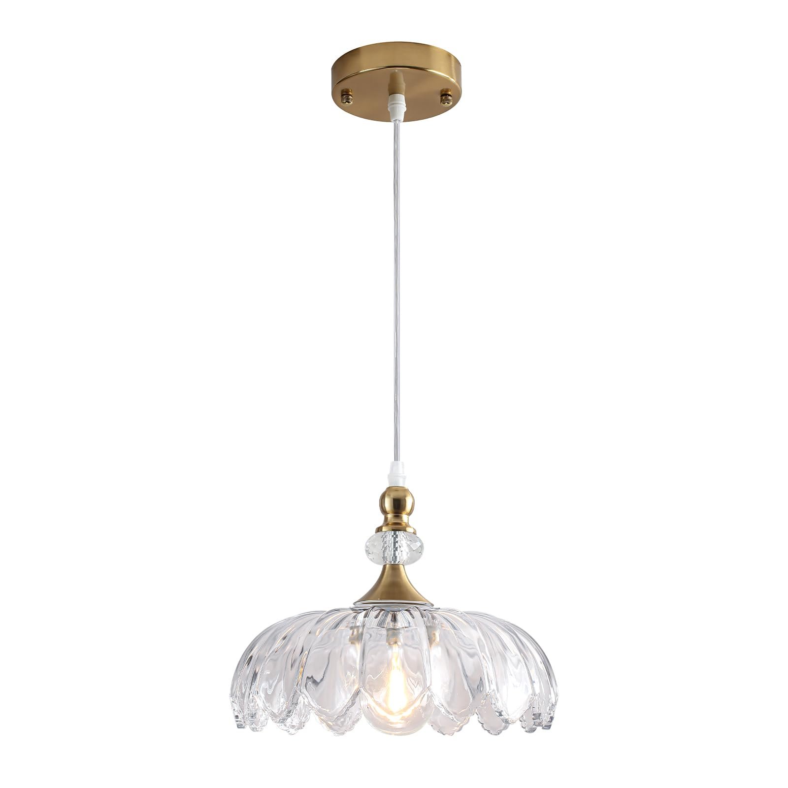 Gold Vintage Pendant Light with Flower Glass Shade