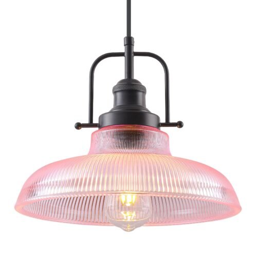 12" Pink Ribbed Glass Farmhouse Pendant Light