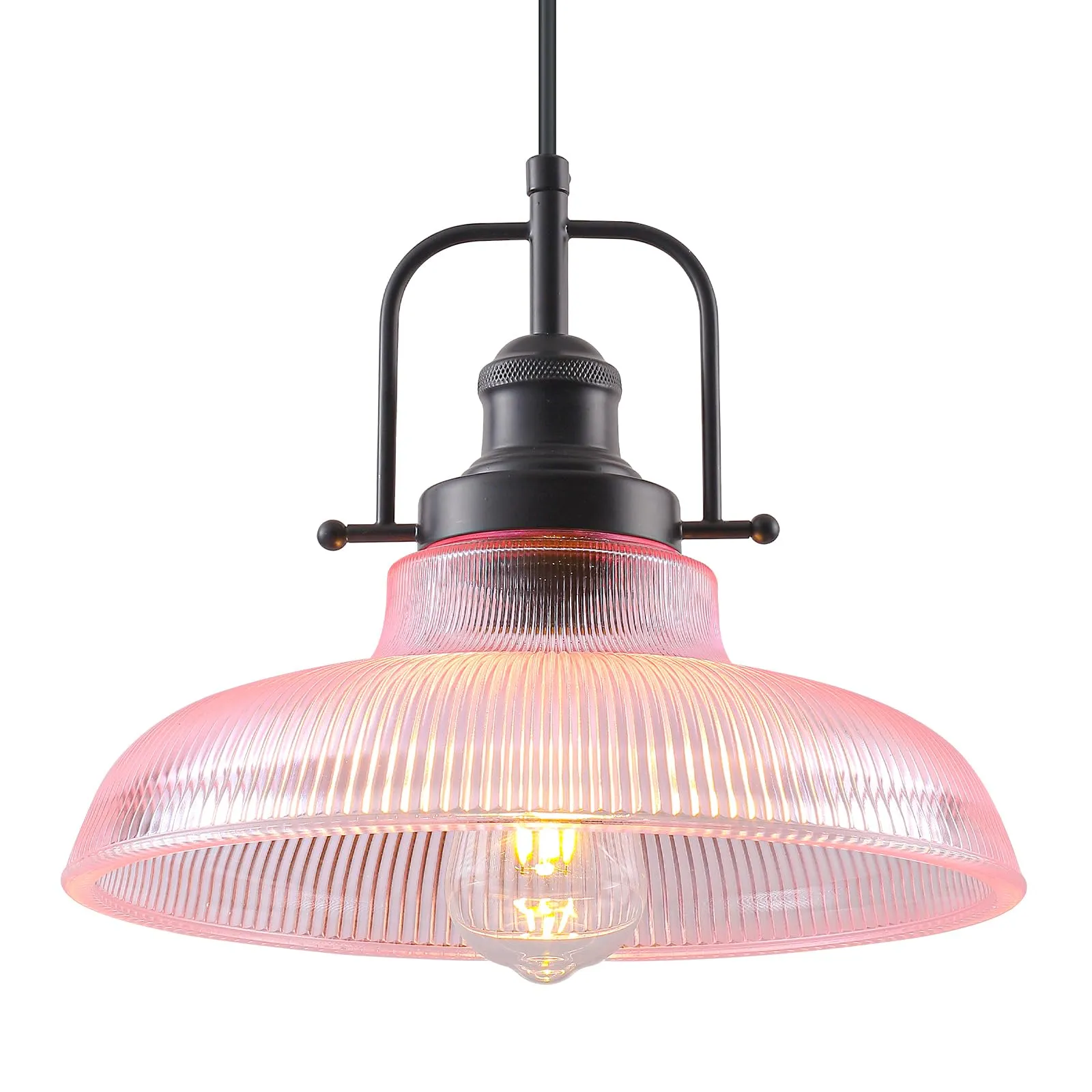 12" Pink Ribbed Glass Farmhouse Pendant Light