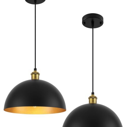 11.8" Black and Gold Farmhouse Dome Pendant Light 2-Pack