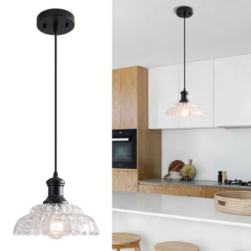Black Vintage Pendant Light with Flower Glass Shade