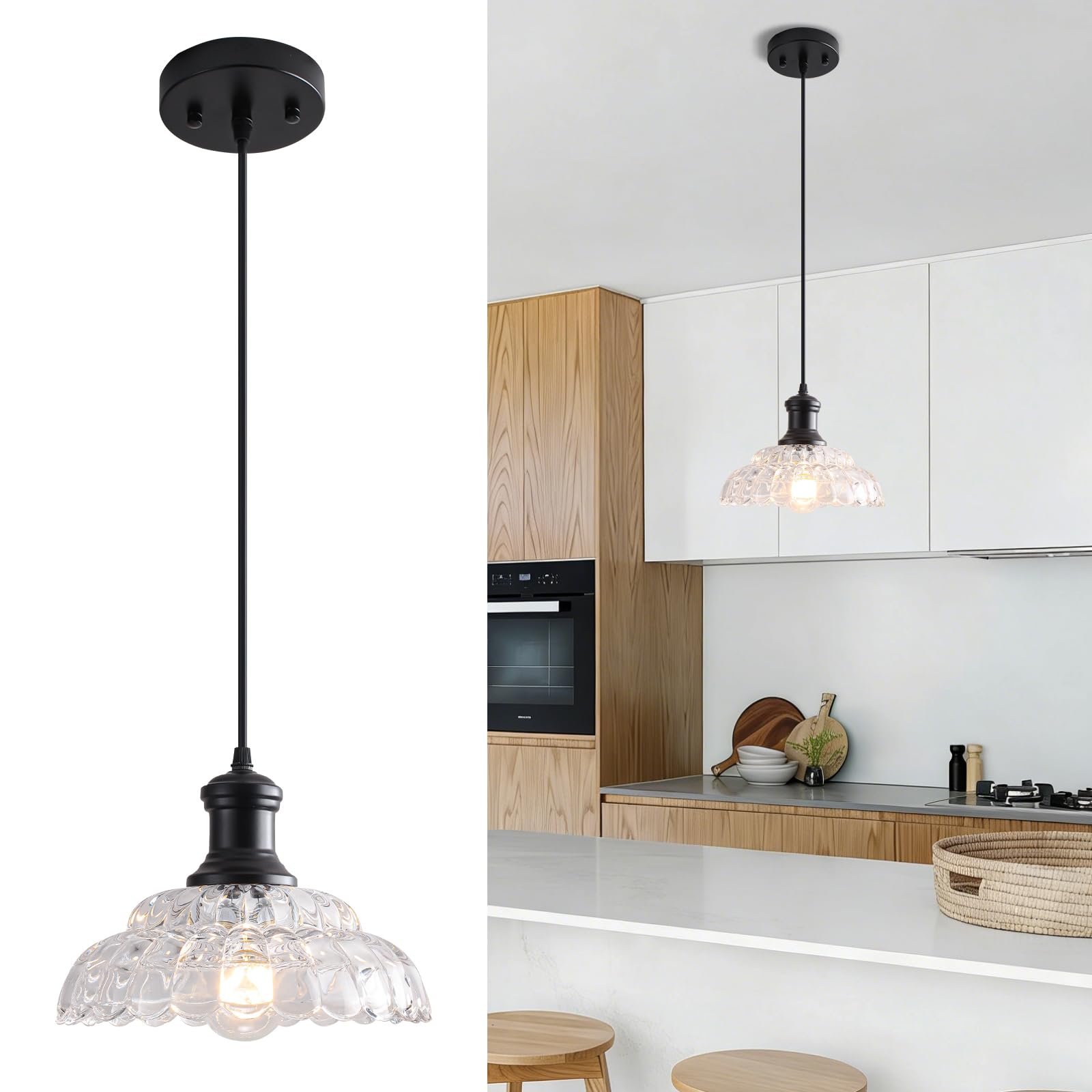 Black Vintage Pendant Light with Flower Glass Shade