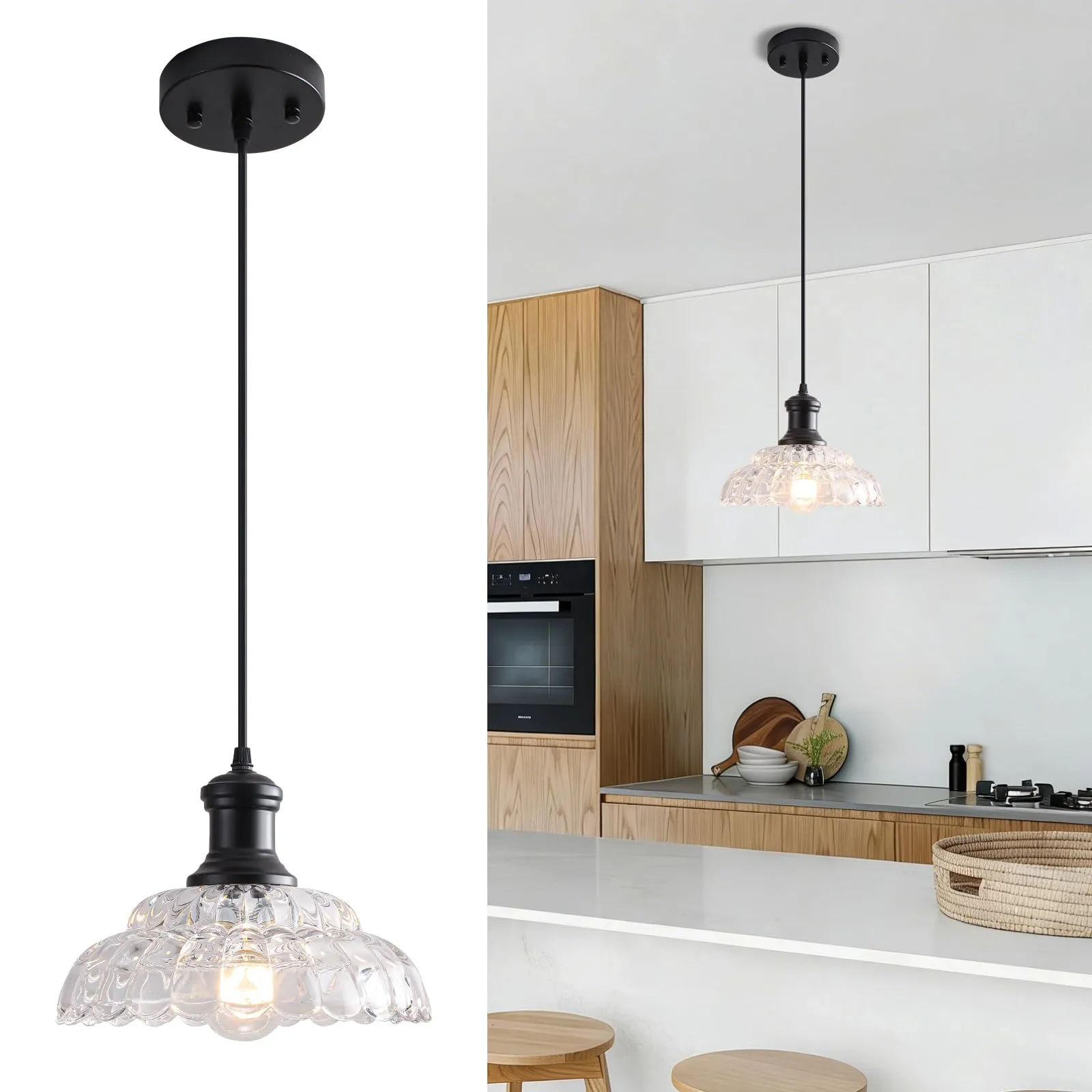 Black Vintage Pendant Light with Flower Glass Shade