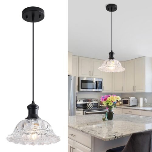 Black Vintage Farmhouse Pendant Light with Flower Glass Shade