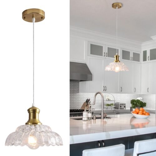 Gold Antique Pendant Light with Flower Glass Shade