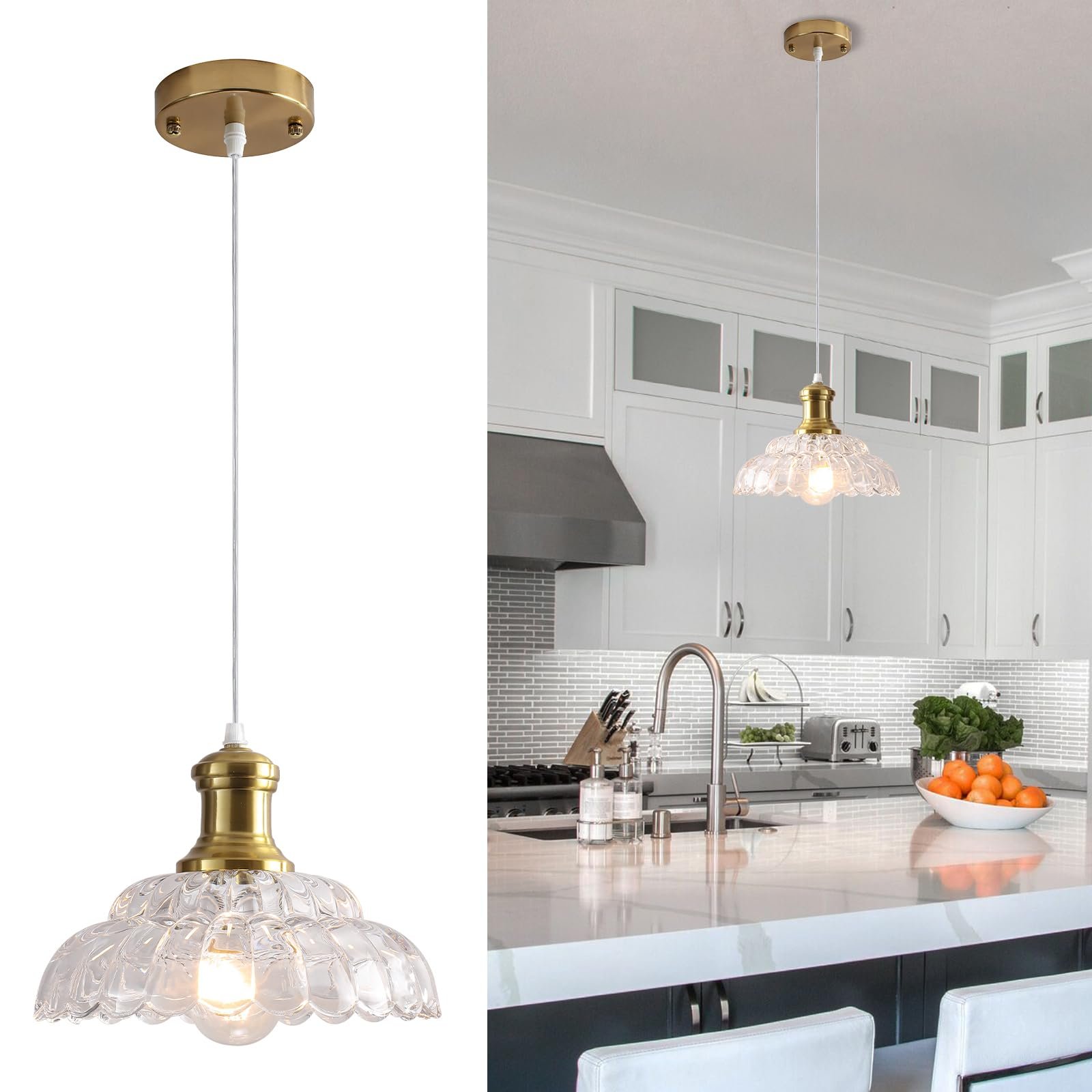 Gold Antique Pendant Light with Flower Glass Shade
