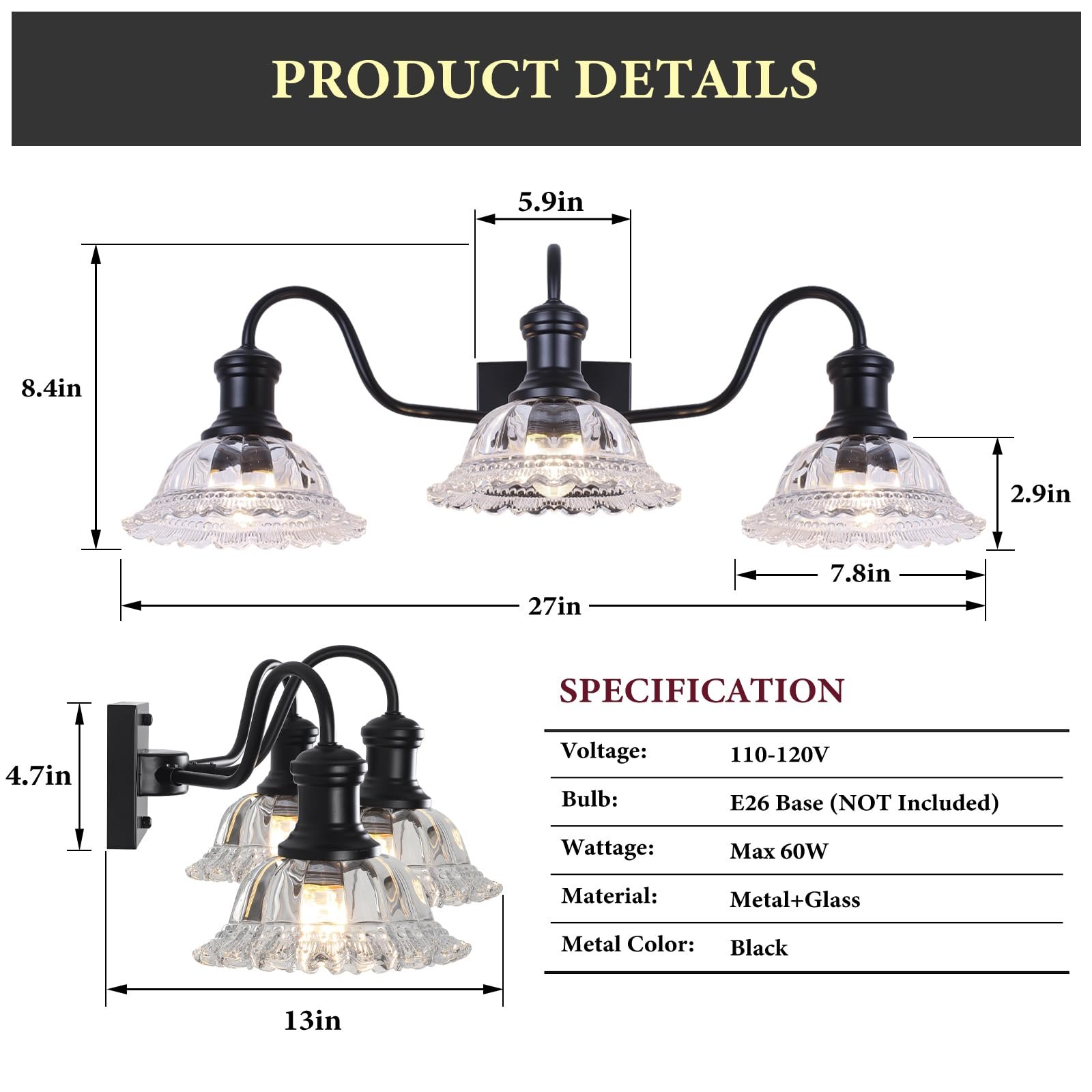 Vintage 3-Light Matte Black Vanity Light with Flower Glass Shade - Image 8