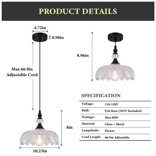 Matte Black Vintage Pendant Light with Glass Shade