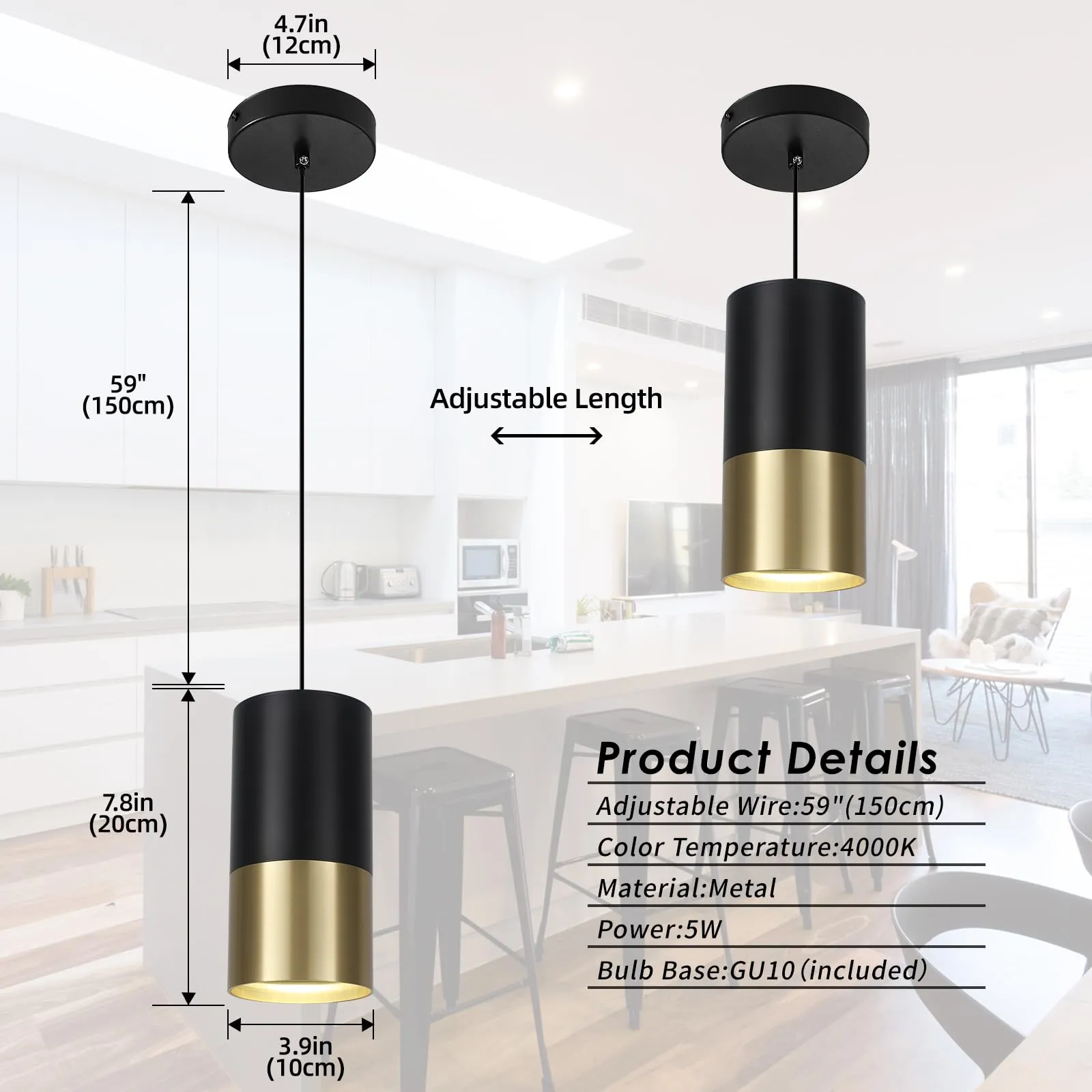 Black and Gold Small Modern Pendant Light 4000K 3-Pack - Image 2