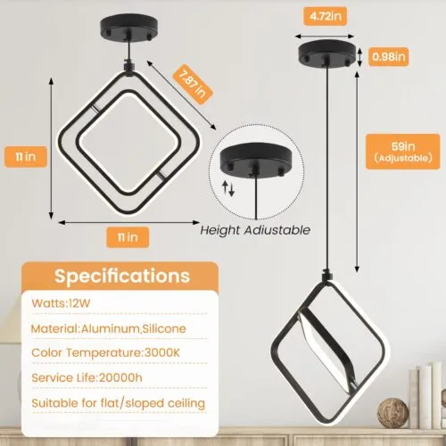 Modern LED Square Pendant Light 3000K 2-Pack