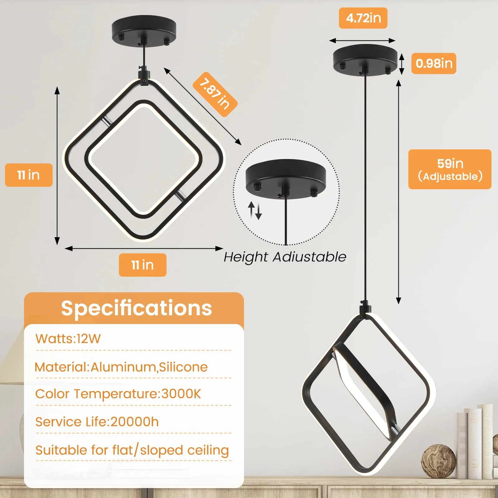 Modern LED Square Pendant Light 3000K 2-Pack - Image 2