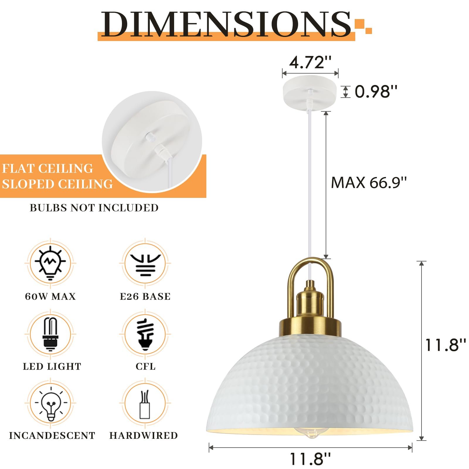White Hammered Pendant Light 11.8" with Gold Holder 2-Pack - Image 4