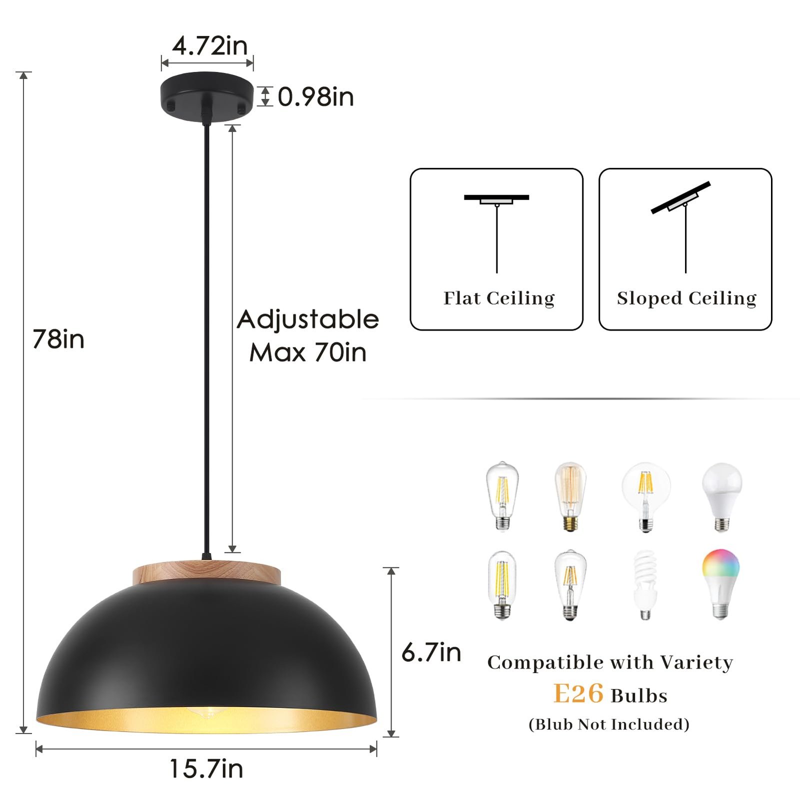 Black Large Farmhouse Pendant Light 16" with Wooden Holder 2-Pack - Image 4