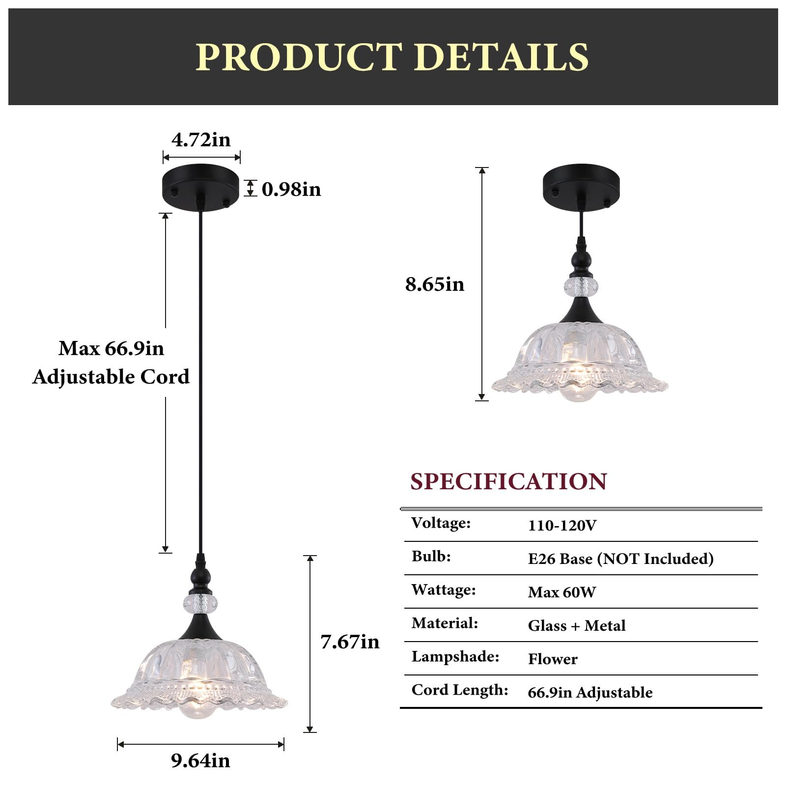 Matte Black Vintage Pendant Light with Glass Shade - Image 3