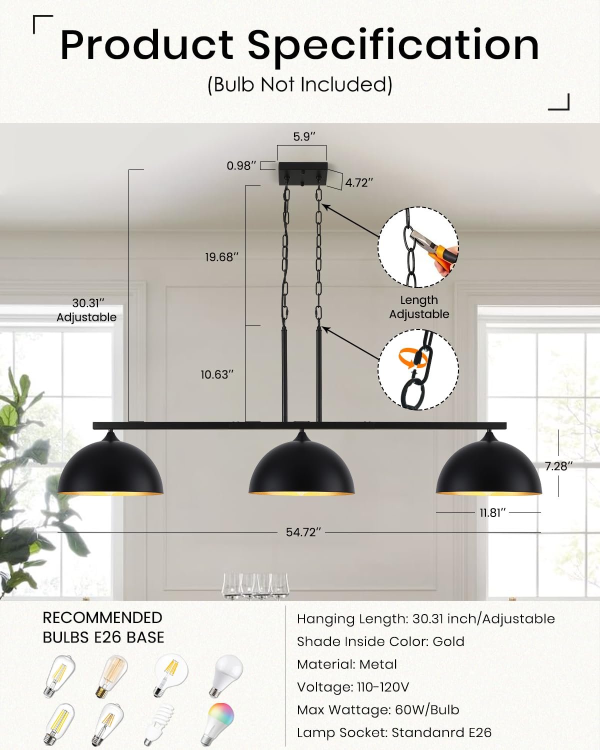 Black Farmhouse Industrial 3-Light Island Pendant Light - Image 3