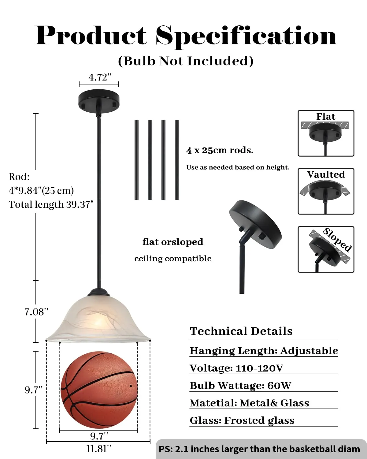 Black Farmhouse Alabaster Glass Pendant Light 11.8" with Rod - Image 3
