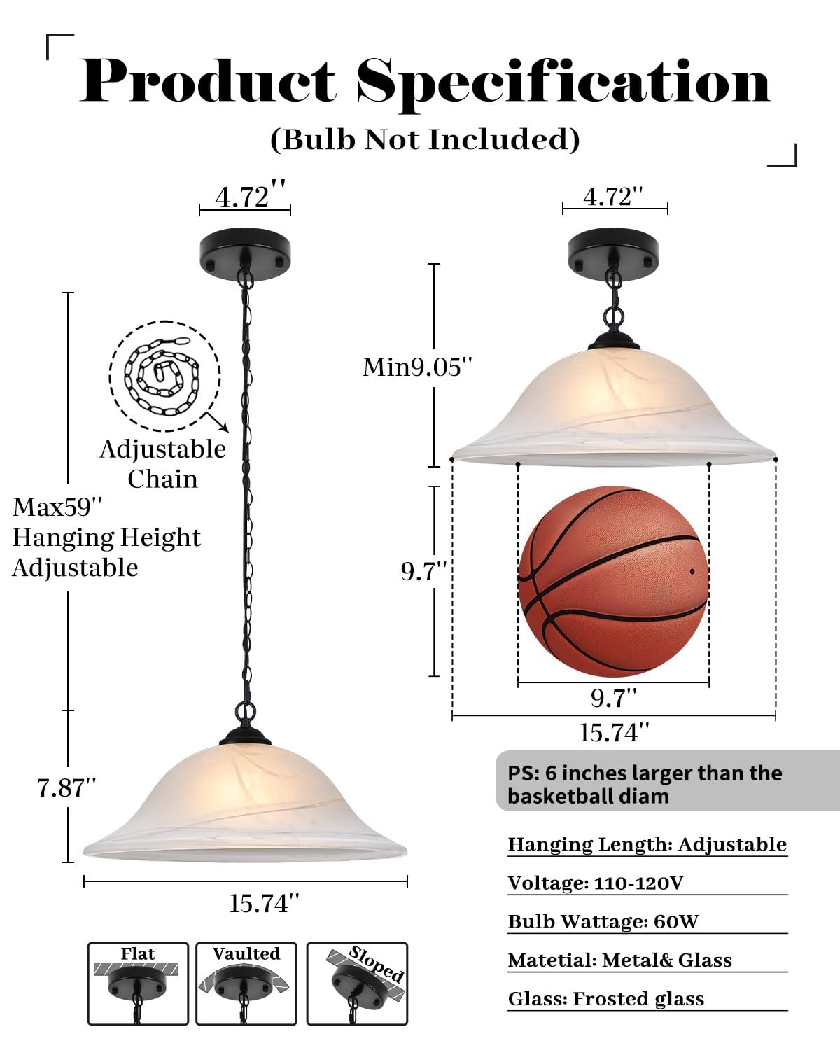 Black Farmhouse Milk Glass Pendant Light 16" with Chain - Image 3