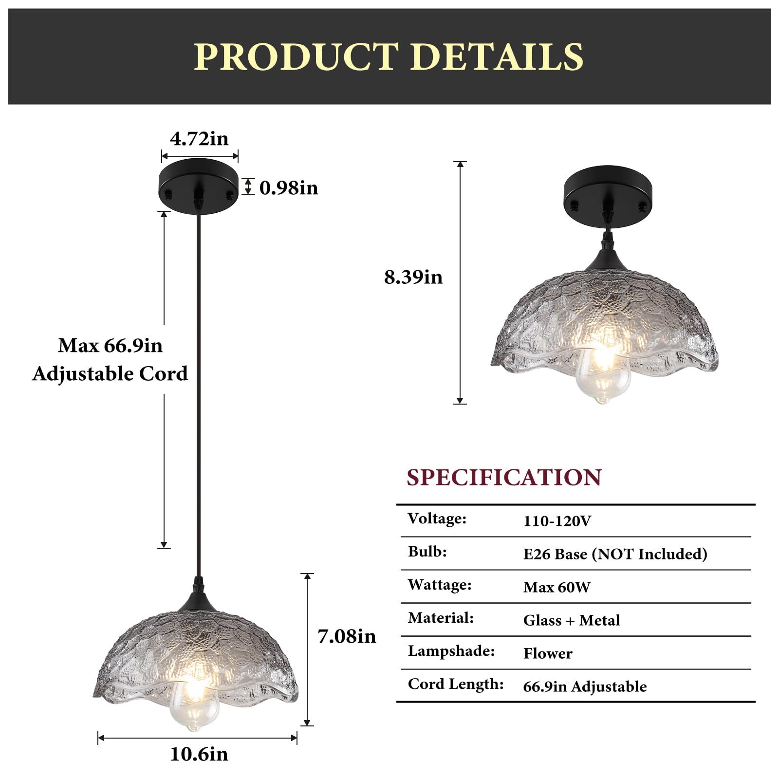 Gray Vintage Pendant Light with Glass Shade - Image 3