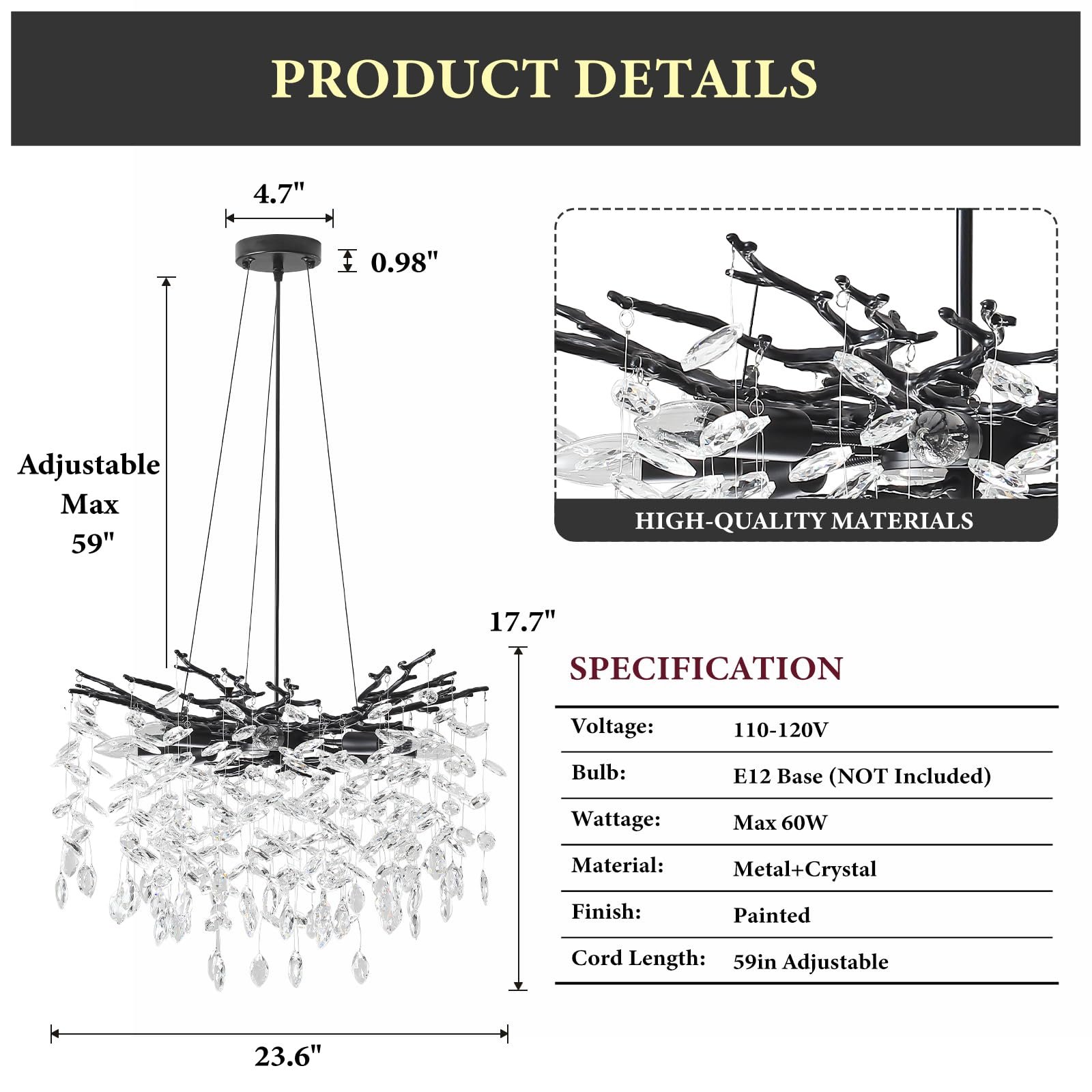 Black Tree Branch Crystal Chandelier 8-Light - Image 5