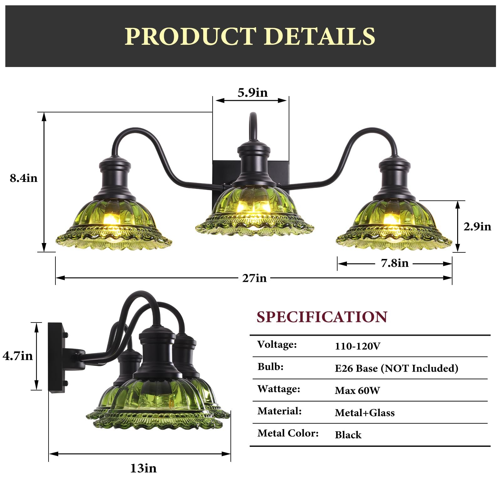 Vintage 3-Light Black Bathroom Light with Green Glass Shade - Image 7