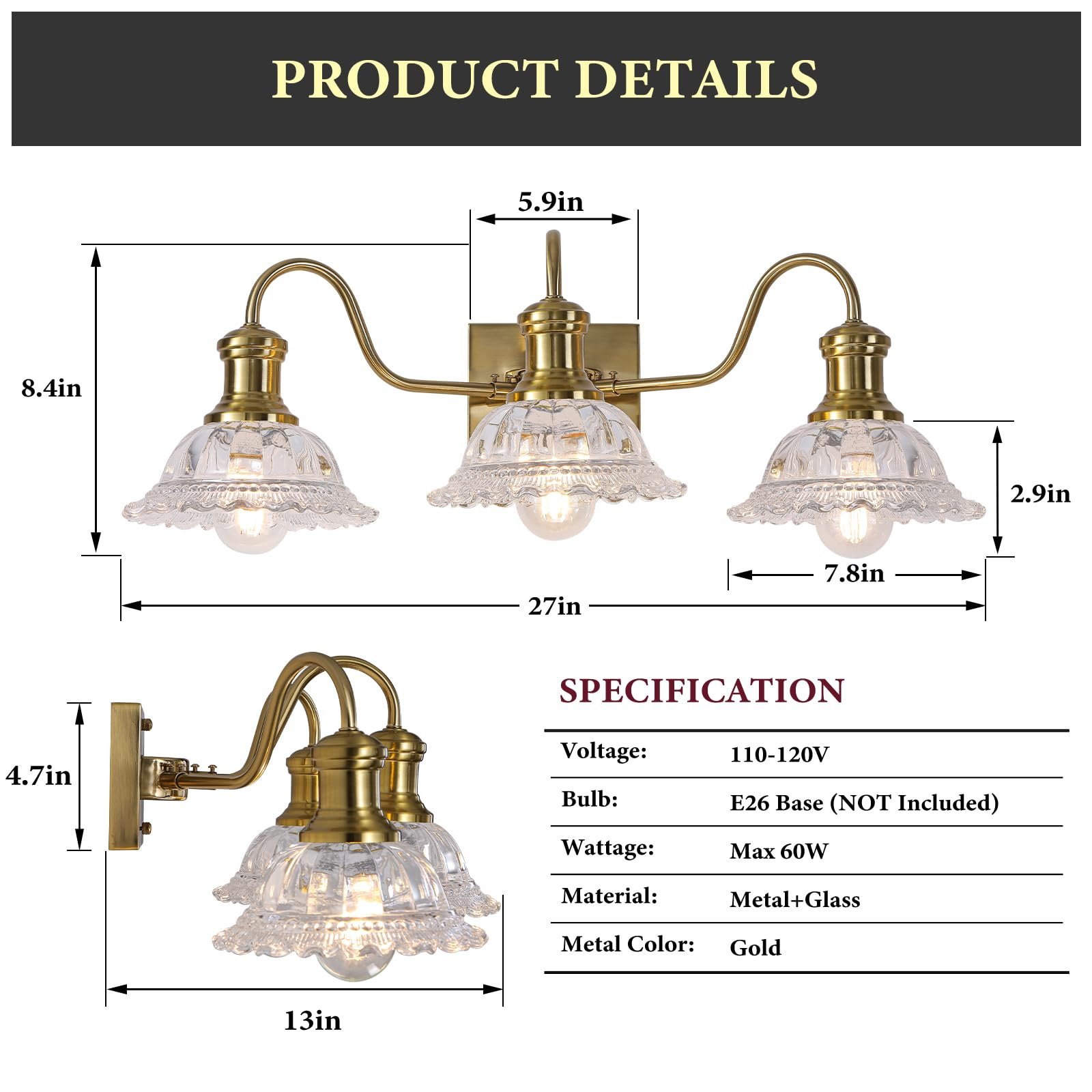 Champagne Gold 3-Light Bathroom Light with Clear Glass Shade - Image 7