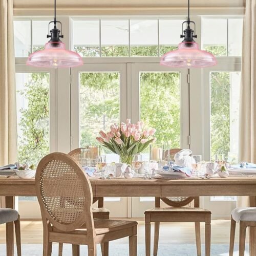 12" Pink Ribbed Glass Farmhouse Pendant Light