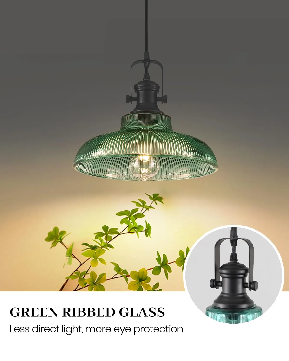 12" Green Ribbed Glass Farmhouse Pendant Light 2-Pack - Image 6