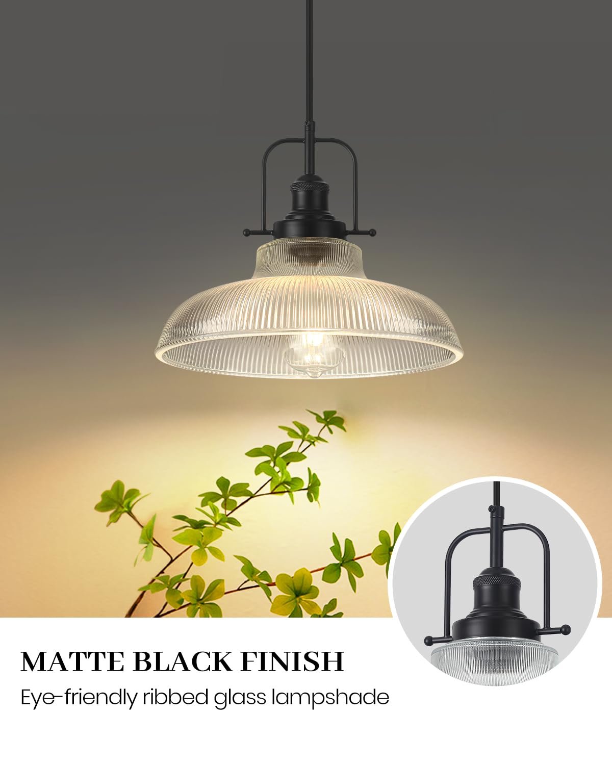 12" Black Ribbed Glass Farmhouse Pendant Light - Image 2