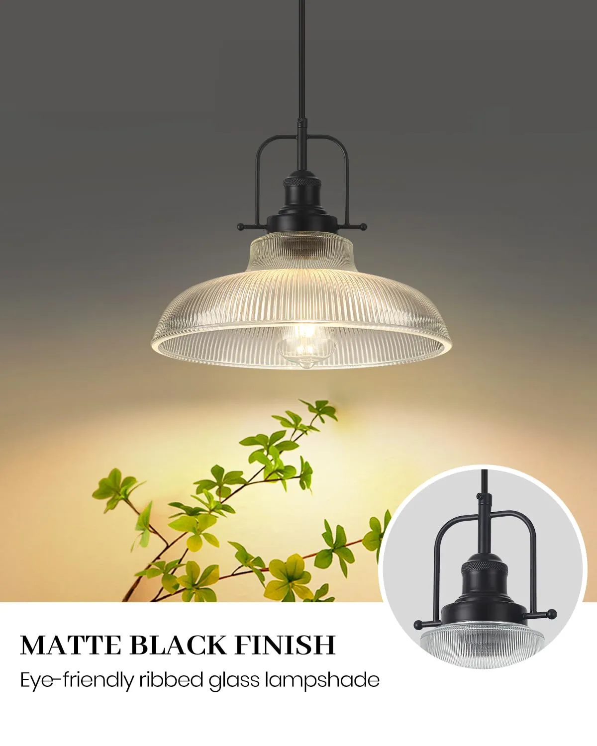 12" Black Ribbed Glass Farmhouse Pendant Light - Image 2