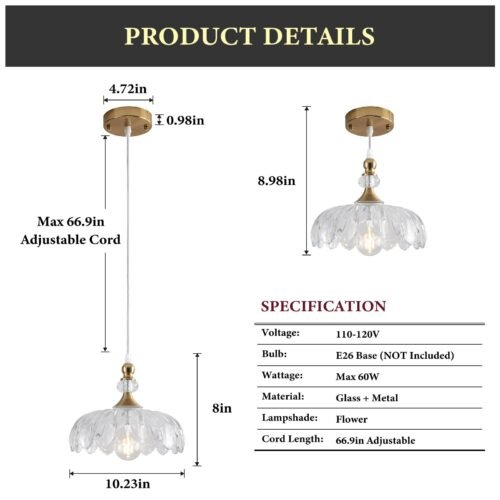 Gold Vintage Pendant Light with Flower Glass Shade