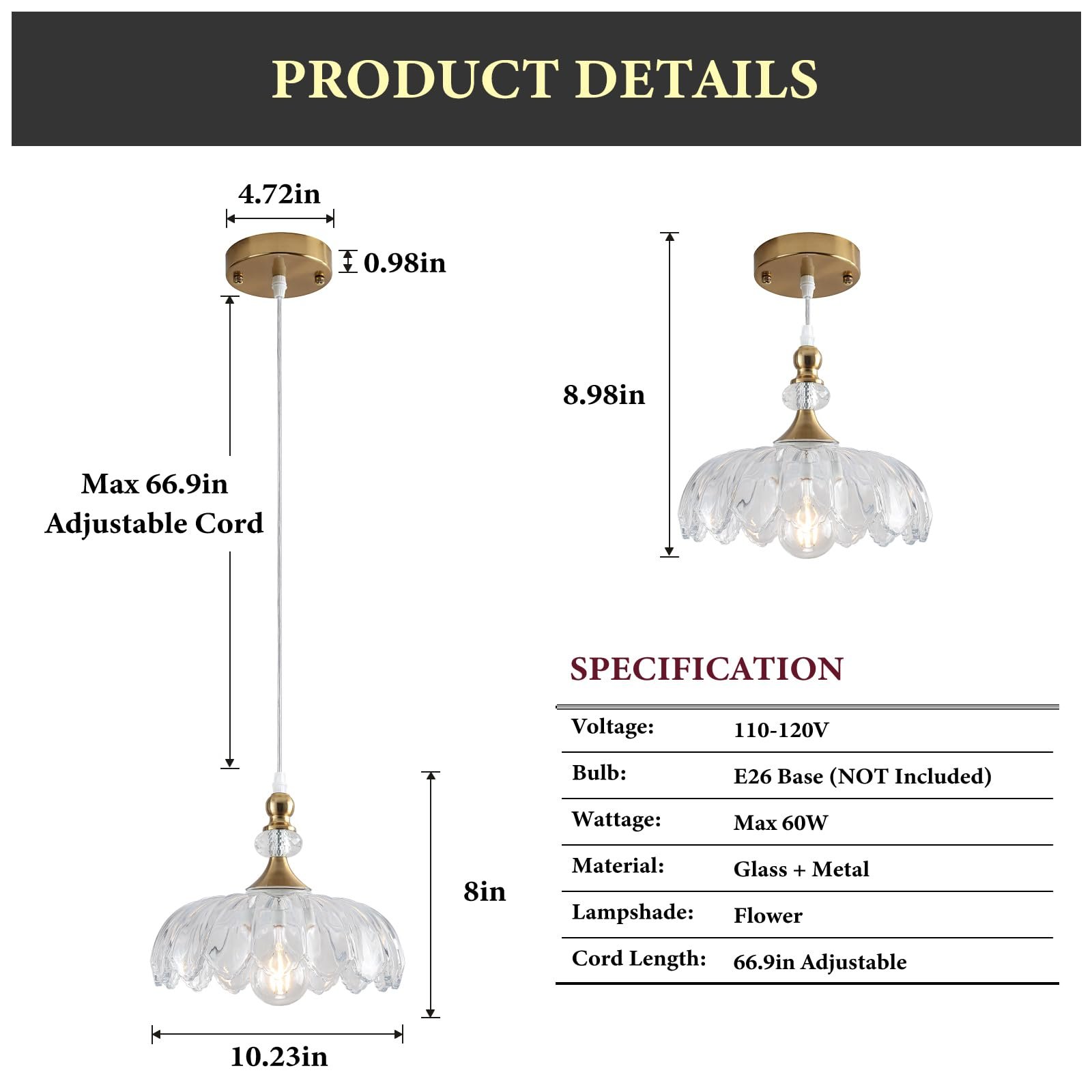 Gold Vintage Pendant Light with Flower Glass Shade - Image 2