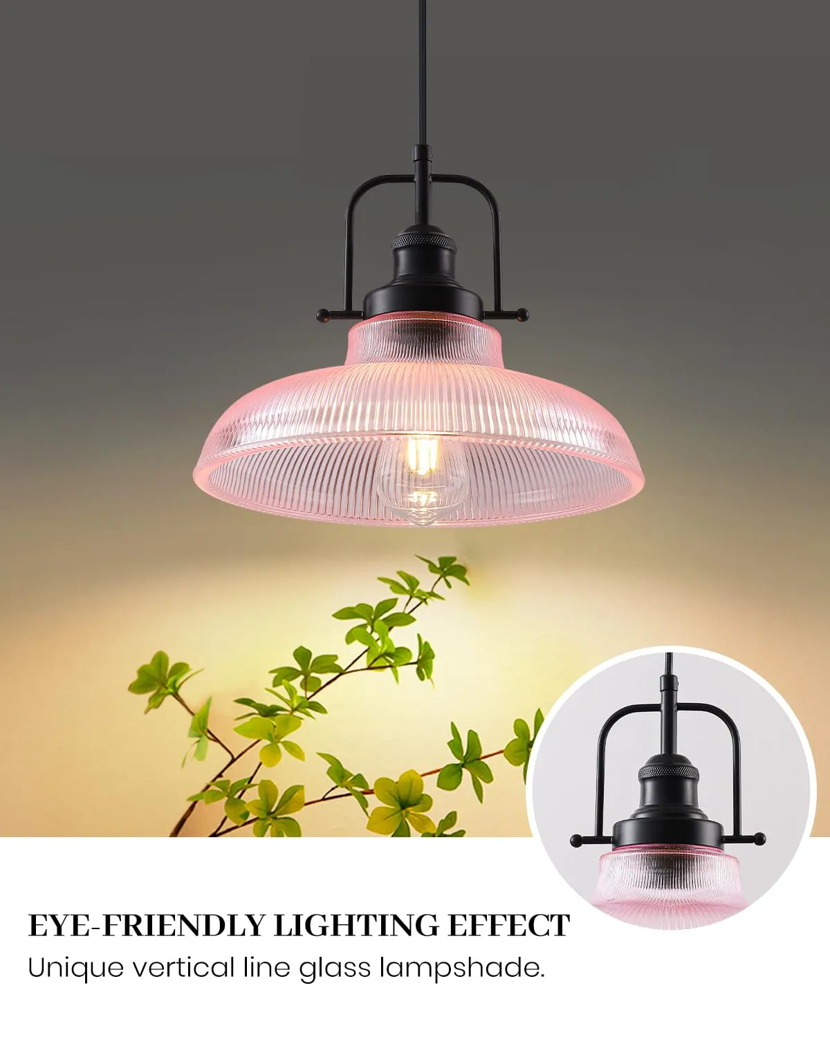 12" Pink Ribbed Glass Farmhouse Pendant Light - Image 2