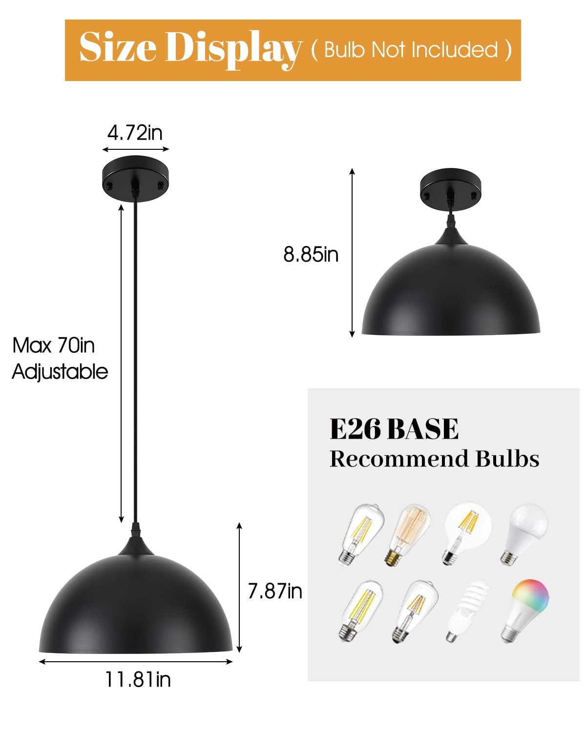 11.8" Black Dome Industrial Farmhouse Pendant Light 3-Pack - Image 2