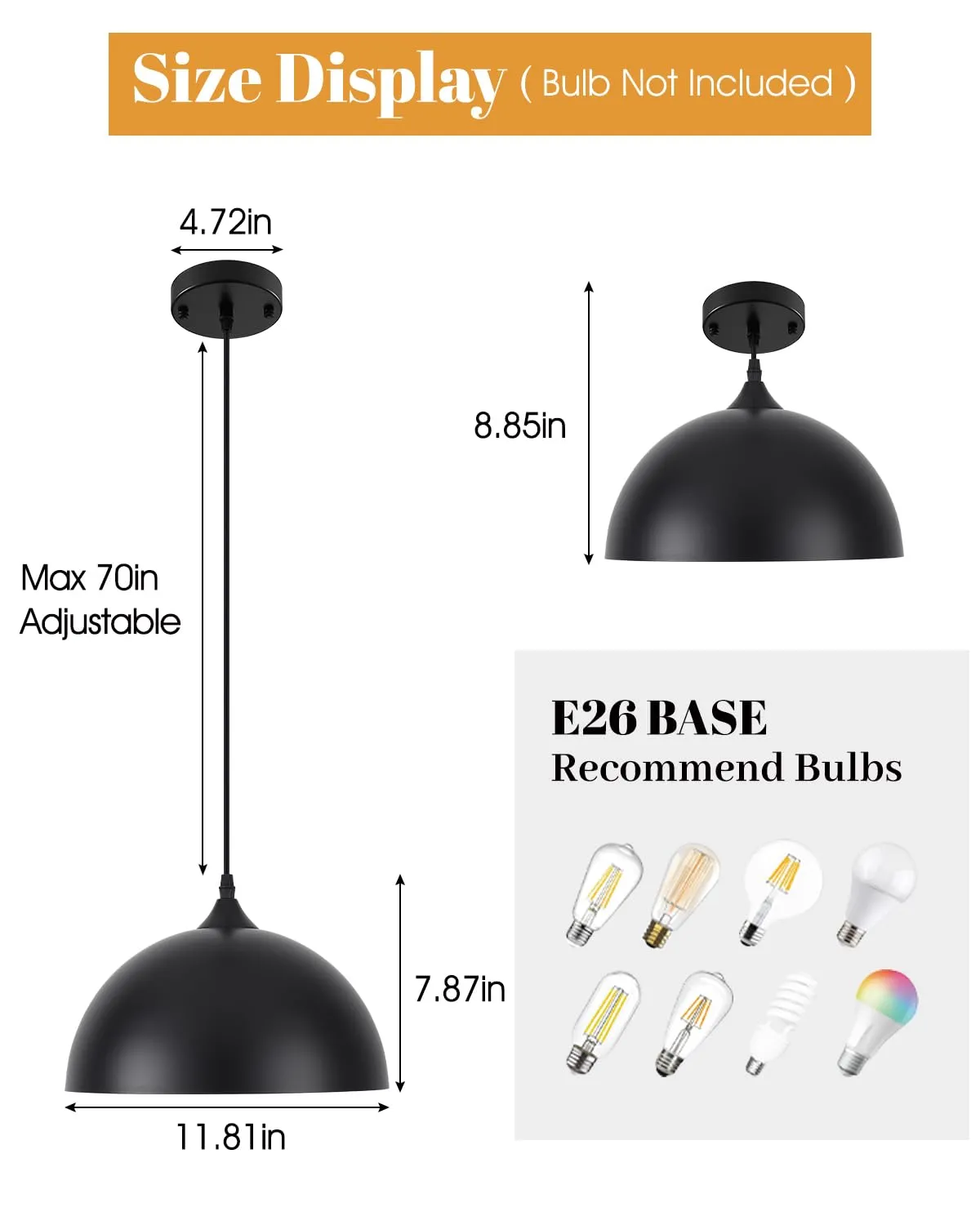 11.8" Black Dome Industrial Farmhouse Pendant Light 3-Pack - Image 2