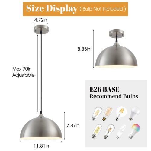 11.8" Brushed Nickel Farmhouse Dome Pendant Light 3-Pack