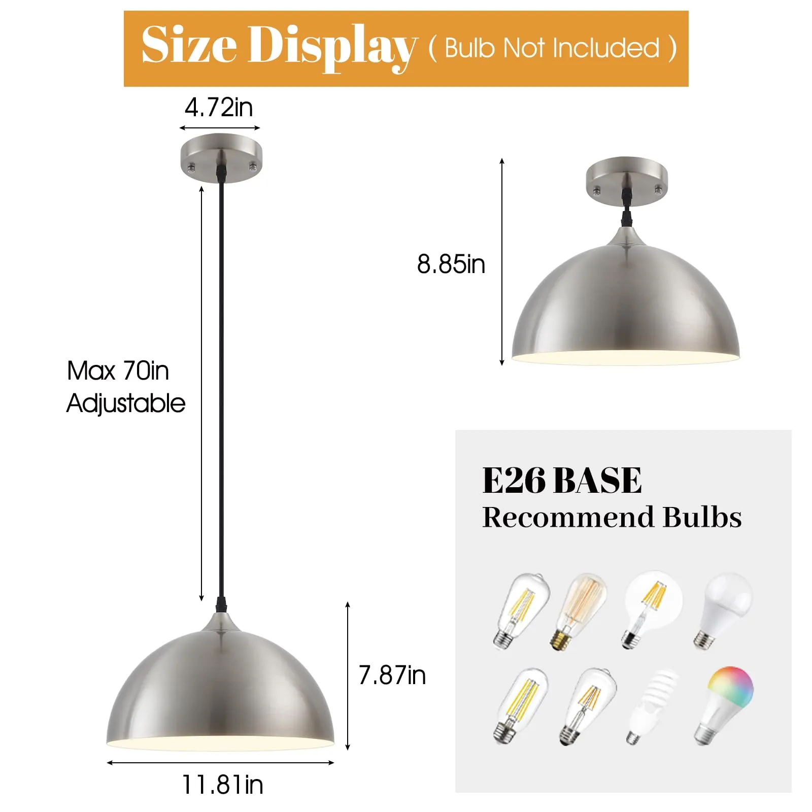 11.8" Brushed Nickel Farmhouse Dome Pendant Light 3-Pack - Image 2