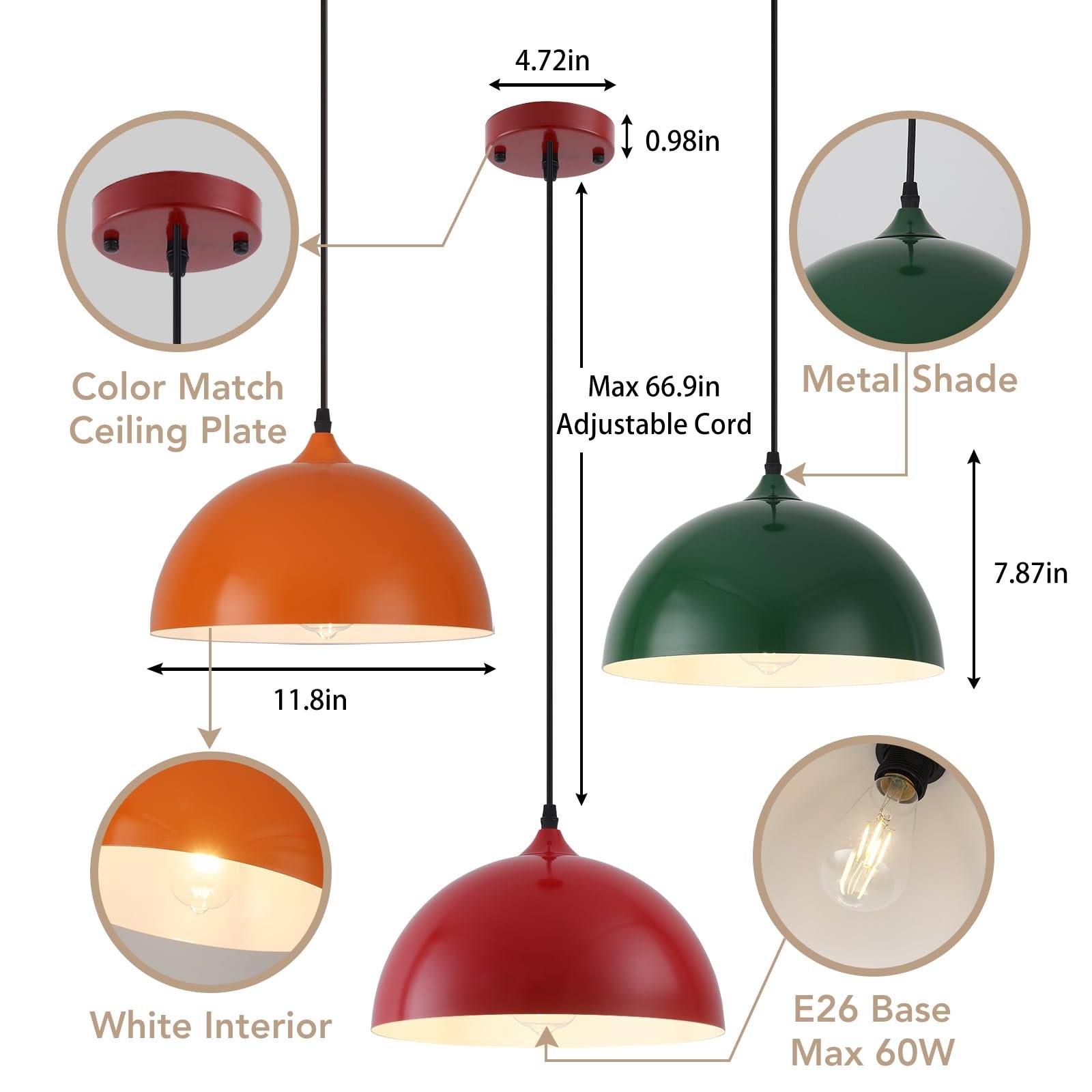 11.8" Colorful Dome Modern Pendant Light 3-Pack - Image 8
