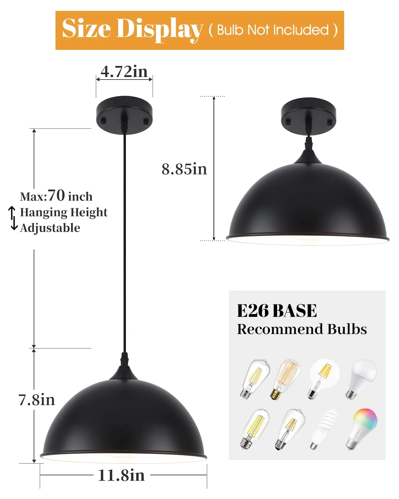 11.8" Black Farmhouse Dome Pendant Light 2-Pack - Image 7