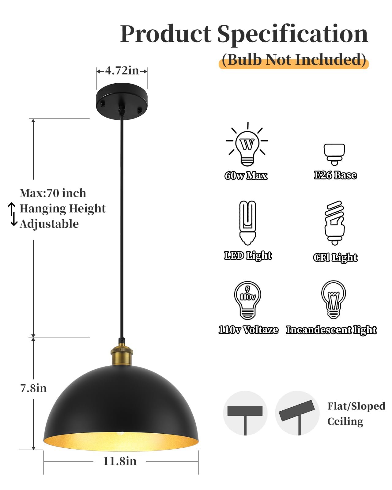11.8" Black and Gold Farmhouse Dome Pendant Light 2-Pack - Image 2