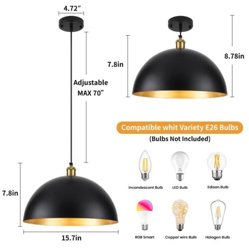 16" Black Vintage Large Dome Pendant Light 2-Pack