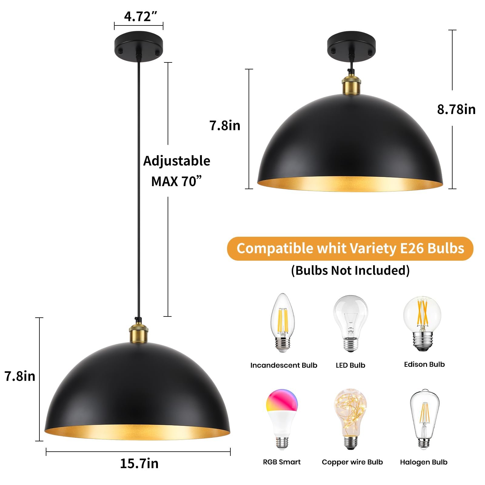 16" Black Vintage Large Dome Pendant Light 2-Pack - Image 2