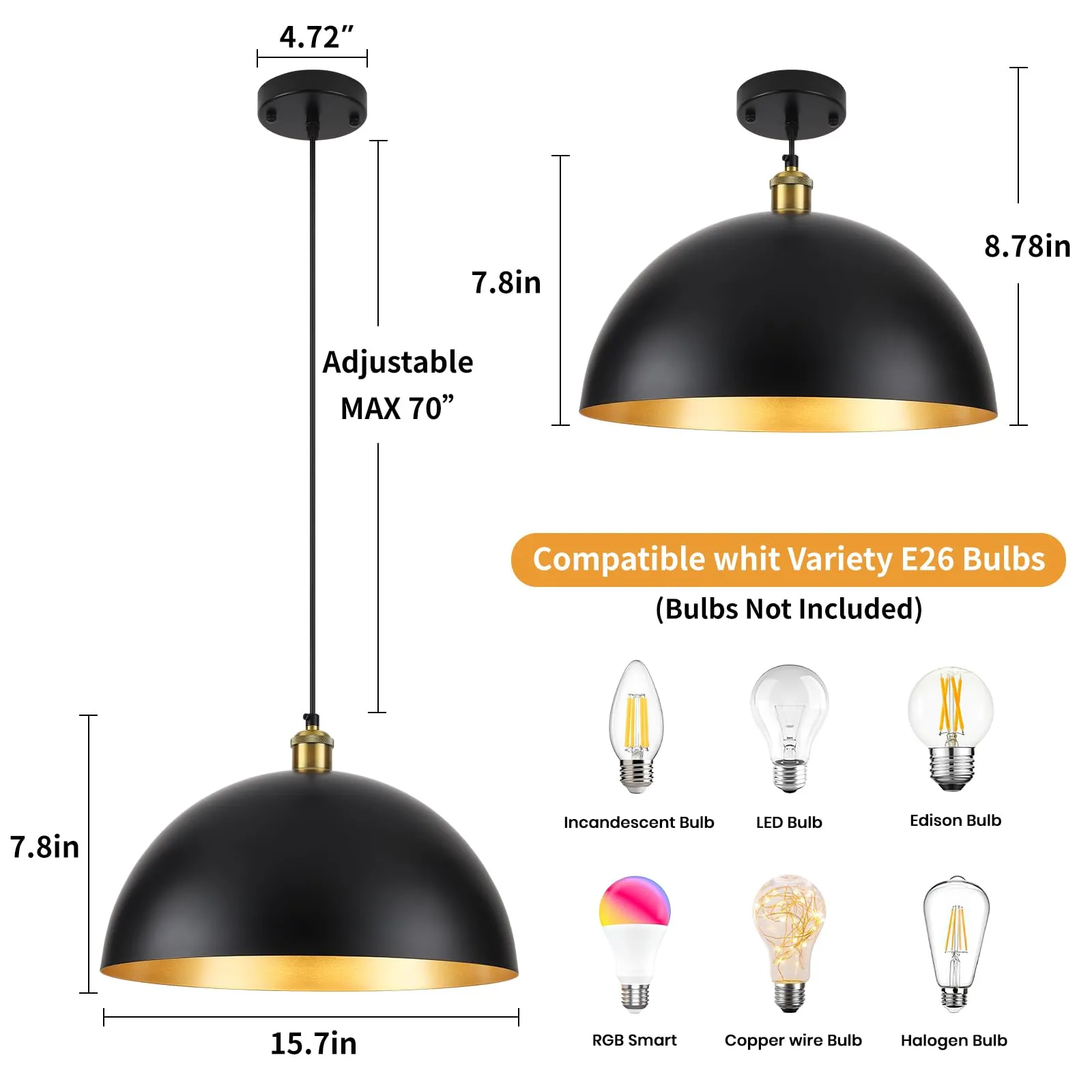 16" Black Vintage Large Dome Pendant Light 2-Pack - Image 2